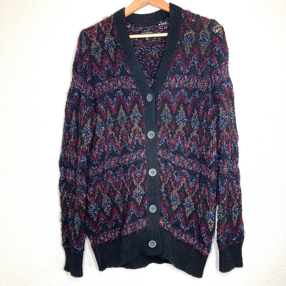 Lucky Brand Button Up Chunky Knit Cardigan Sweater M Fair Isle Black Metallic